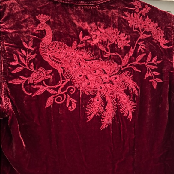 Johnny Was Burgundy Velvet Embroidered Peacock Button Down Blouse S NWT Boho - Picture 2 of 11